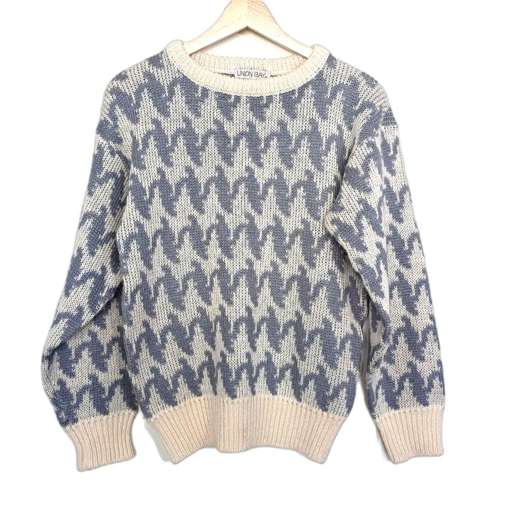 Vintage 1980s Union Bay Ocean Wave Print Sweater Women's S Ivory Slate Blue